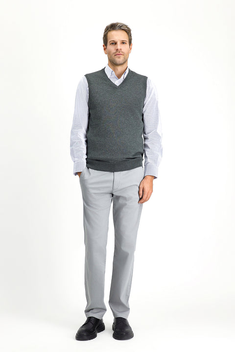 Dark Anthracite Melange V-Neck Cotton Knit Sweater
