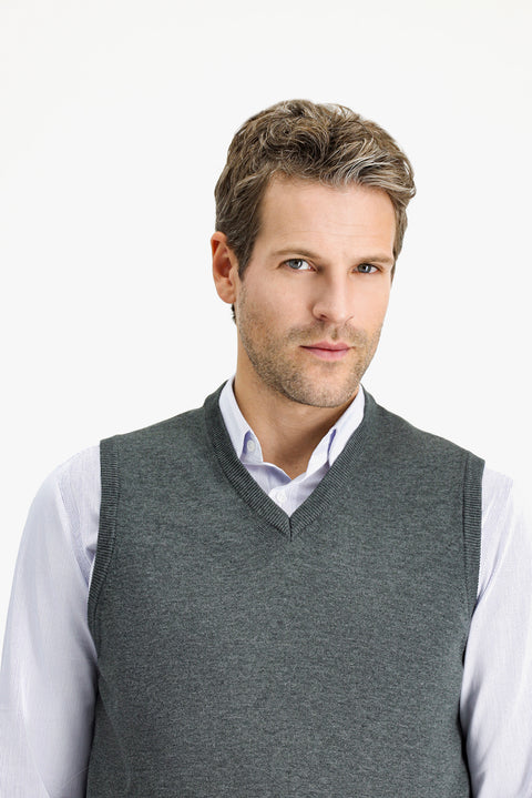 Dark Anthracite Melange V-Neck Cotton Knit Sweater