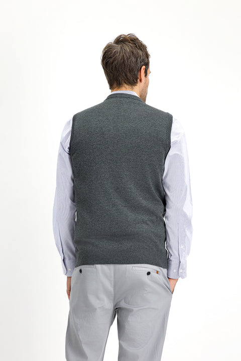 Dark Anthracite Melange V-Neck Cotton Knit Sweater