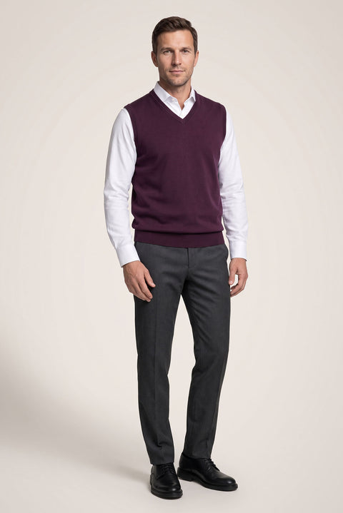 Dark Burgundy V-Neck Cotton Cashmere Knit Sweater