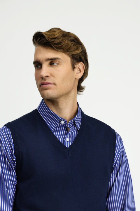 Dark Navy V-Neck Wool Knit Sweater
