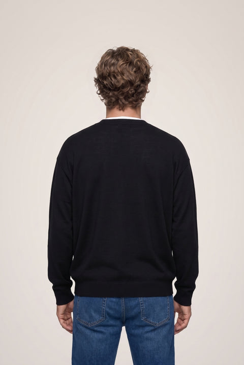 Black V-Neck Buttoned Wool Knitted Cardigan