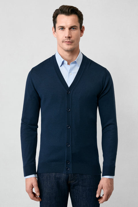 Dark Navy V-Neck Buttoned Wool Knitted Cardigan