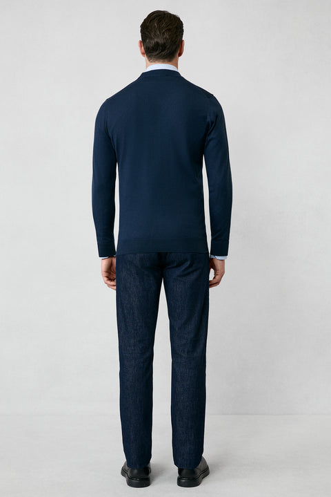 Dark Navy V-Neck Buttoned Wool Knitted Cardigan