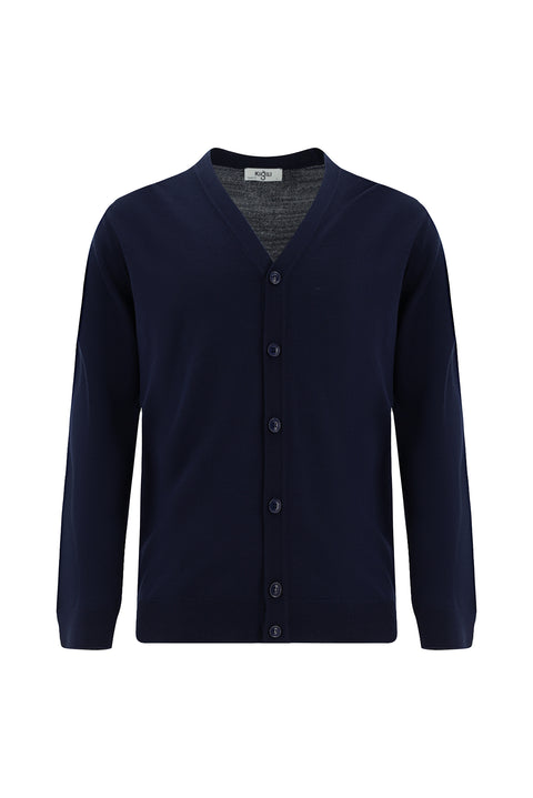 Dark Navy V-Neck Buttoned Wool Knitted Cardigan