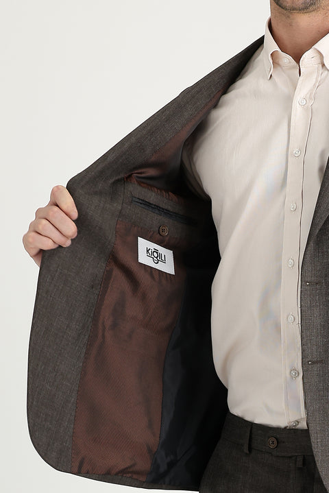 Medium Brown 6 Drop Regular Fit Standard Cut Patterned Suit