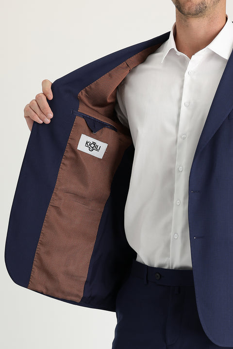 Light Navy Blue 8 Drop Muscle Fit Long Athletic Cut Patterned Suit