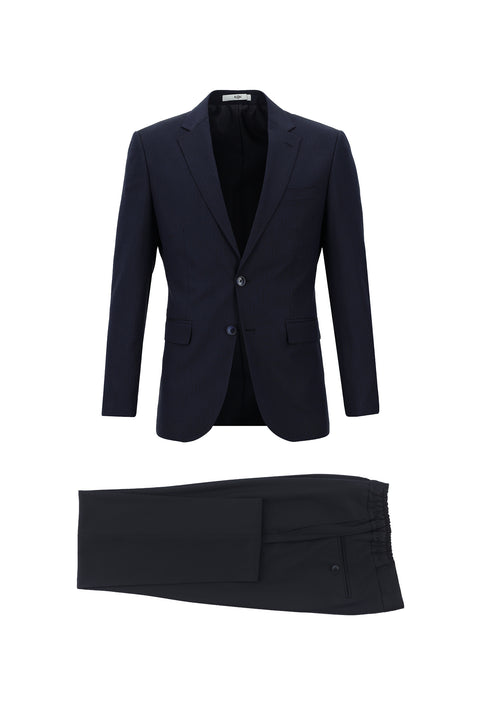 Dark Navy 7 Drop Slim Fit Narrow Cut Elastic Waist Drawstring Patterned Suit