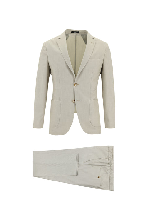Medium Beige 7 Drop Super Slim Fit Extra Narrow Cut Elastic Waist Drawstring Patterned Suit