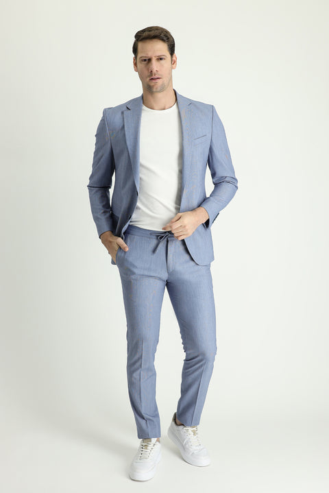 Light Navy 8-Drop Muscle Fit Long Athletic Cut Suit with Elasticated Waist and Drawstring