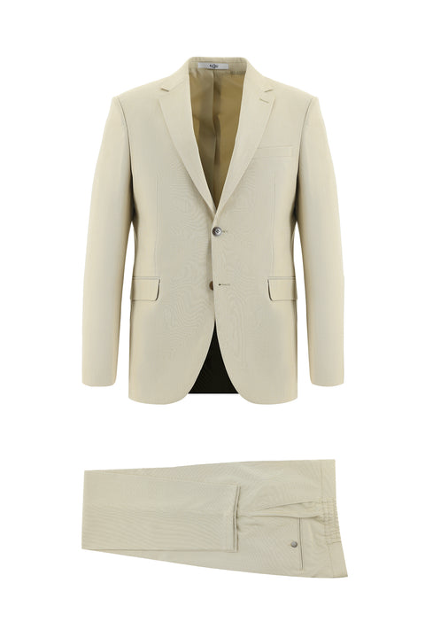 Light Beige 8 Drop Muscle Fit Long Athletic Cut Suit with Elasticated Waist and Drawstring