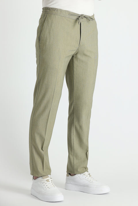 Light Khaki 8-Drop Muscle Fit Long Athletic Cut Suit with Elastic Waist Drawstring