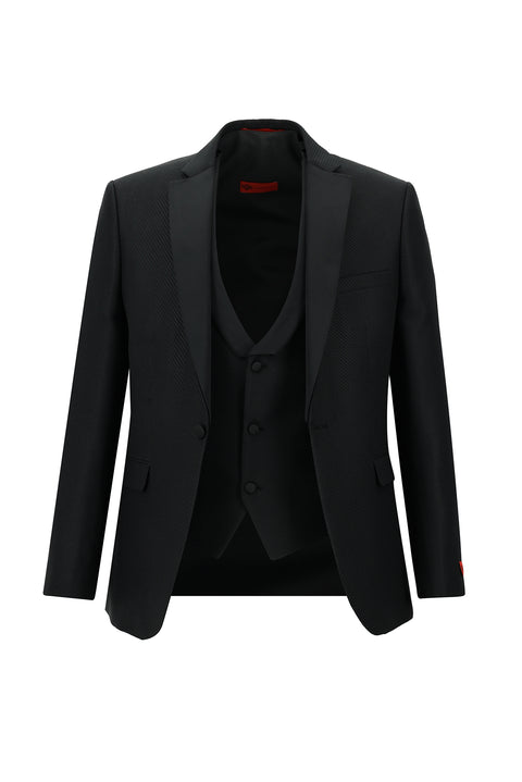 Black 7 Drop Slim Fit Narrow Cut Mono Collar Vest Tuxedo & Groom Suit