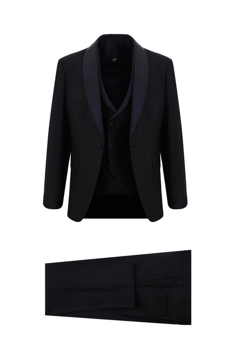 Dark Navy 7 Drop Slim Fit Narrow Cut Shawl Collar Vest Wool Tuxedo & Groom Suit