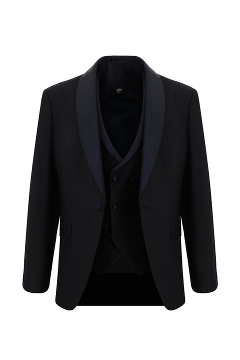 Dark Navy 7 Drop Slim Fit Narrow Cut Shawl Collar Vest Wool Tuxedo & Groom Suit