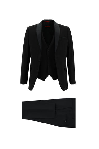  Siyah 7 Drop Slim Fit Dar Kesim Şal Yaka Yelekli Smokin & Damatlık