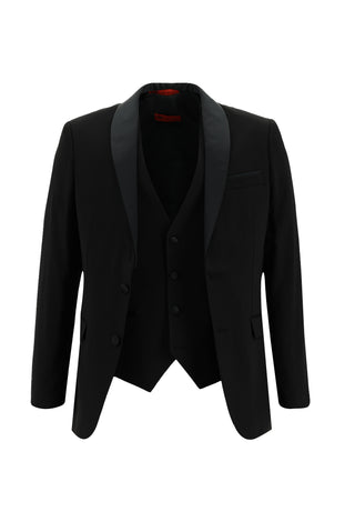  Siyah 7 Drop Slim Fit Dar Kesim Şal Yaka Yelekli Smokin & Damatlık