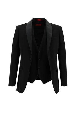  Siyah 7 Drop Slim Fit Dar Kesim Şal Yaka Yelekli Smokin & Damatlık