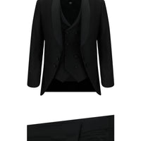 Siyah 7 Drop Slim Fit Dar Kesim Şal Yaka Yelekli Smokin & Damatlık