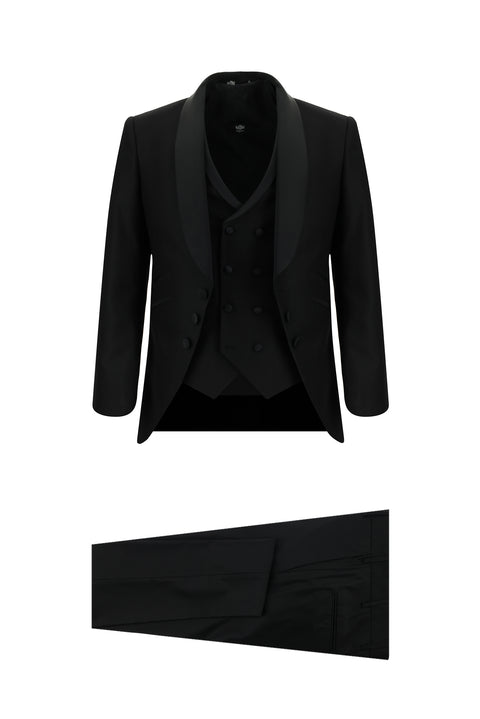 Siyah 7 Drop Slim Fit Dar Kesim Şal Yaka Yelekli Smokin & Damatlık