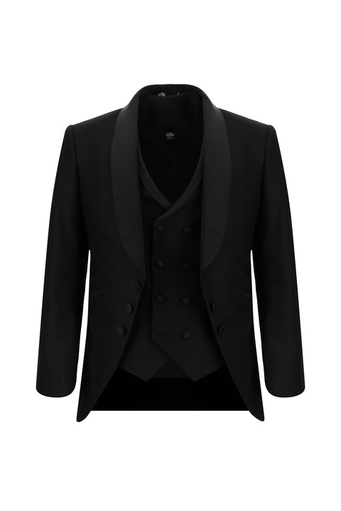 Siyah 7 Drop Slim Fit Dar Kesim Şal Yaka Yelekli Smokin & Damatlık