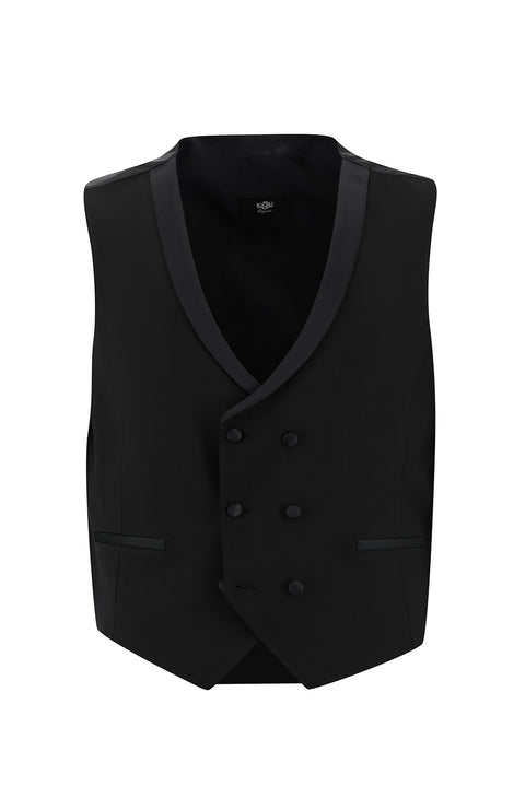 Siyah 7 Drop Slim Fit Dar Kesim Şal Yaka Yelekli Smokin & Damatlık