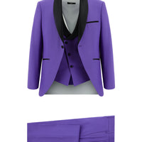Lila 7 Drop Slim Fit Dar Kesim Şal Yaka Yelekli Smokin & Damatlık
