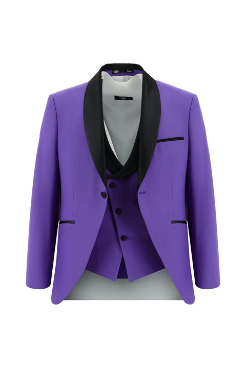 Lila 7 Drop Slim Fit Dar Kesim Şal Yaka Yelekli Smokin & Damatlık
