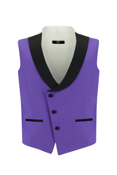 Lila 7 Drop Slim Fit Dar Kesim Şal Yaka Yelekli Smokin & Damatlık