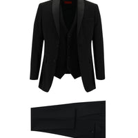 Siyah 7 Drop Slim Fit Dar Kesim Şal Yaka Yelekli Smokin & Damatlık