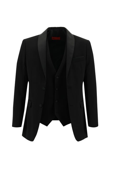 Siyah 7 Drop Slim Fit Dar Kesim Şal Yaka Yelekli Smokin & Damatlık