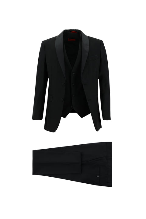 Siyah 7 Drop Slim Fit Dar Kesim Şal Yaka Yelekli Smokin & Damatlık