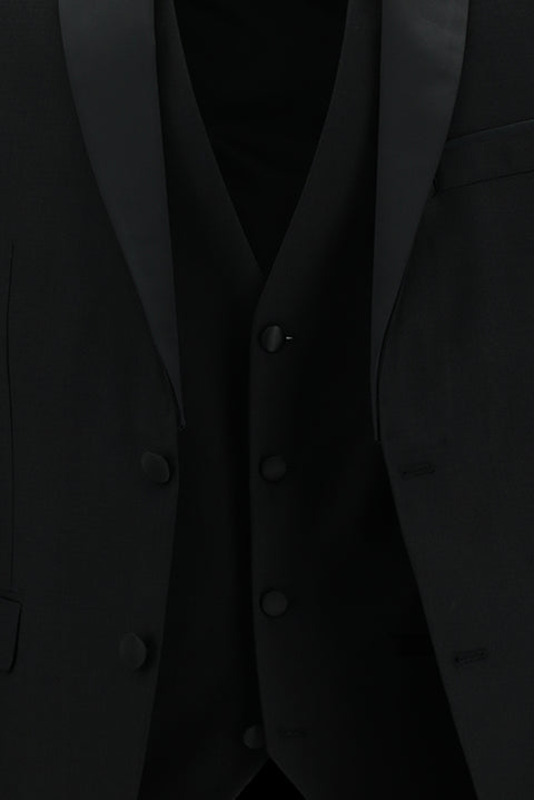Siyah 7 Drop Slim Fit Dar Kesim Şal Yaka Yelekli Smokin & Damatlık