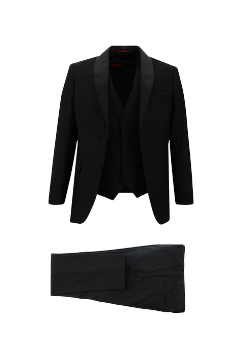 Siyah 7 Drop Slim Fit Dar Kesim Şal Yaka Yelekli Smokin & Damatlık
