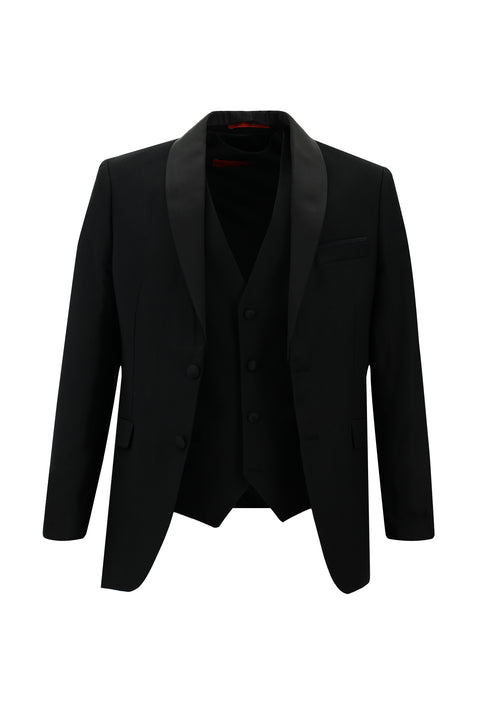 Siyah 7 Drop Slim Fit Dar Kesim Şal Yaka Yelekli Smokin & Damatlık
