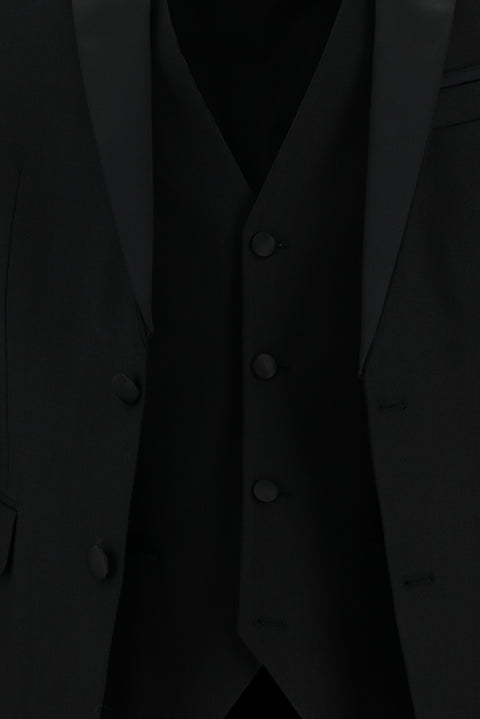 Siyah 7 Drop Slim Fit Dar Kesim Şal Yaka Yelekli Smokin & Damatlık