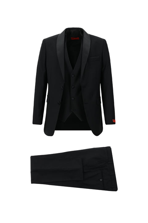 Siyah 7 Drop Slim Fit Dar Kesim Şal Yaka Yelekli Smokin & Damatlık