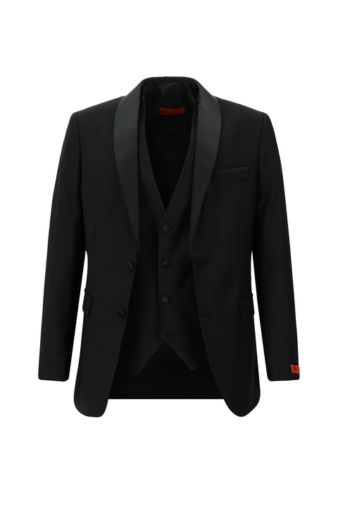 Siyah 7 Drop Slim Fit Dar Kesim Şal Yaka Yelekli Smokin & Damatlık