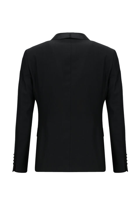 Siyah 7 Drop Slim Fit Dar Kesim Şal Yaka Yelekli Smokin & Damatlık