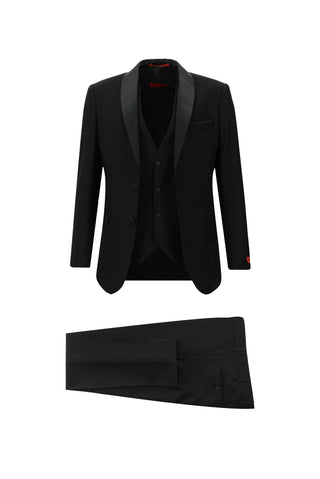  Siyah 7 Drop Slim Fit Dar Kesim Şal Yaka Yelekli Smokin & Damatlık