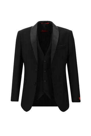  Siyah 7 Drop Slim Fit Dar Kesim Şal Yaka Yelekli Smokin & Damatlık