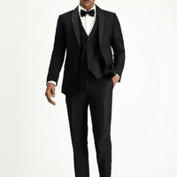 Siyah 7 Drop Slim Fit Dar Kesim Şal Yaka Yelekli Smokin & Damatlık