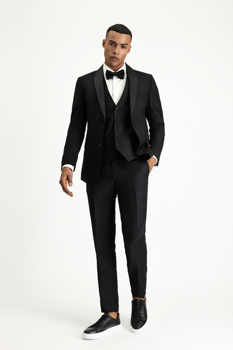 Siyah 7 Drop Slim Fit Dar Kesim Şal Yaka Yelekli Smokin & Damatlık