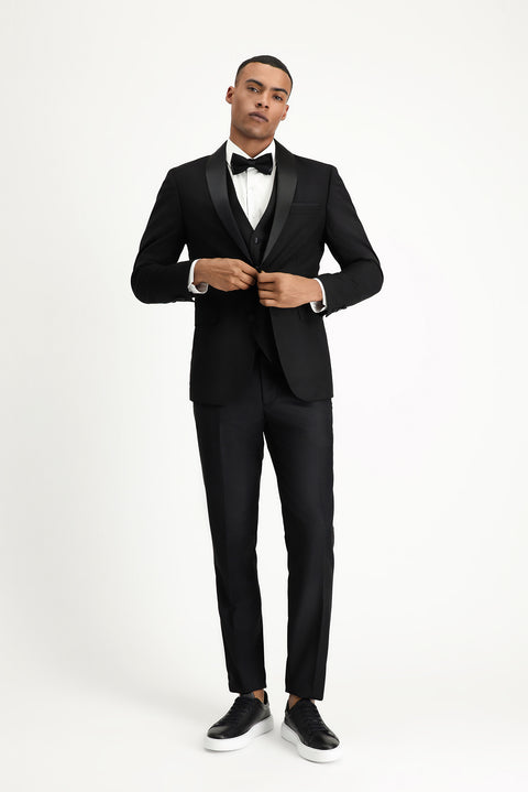 Siyah 7 Drop Slim Fit Dar Kesim Şal Yaka Yelekli Smokin & Damatlık