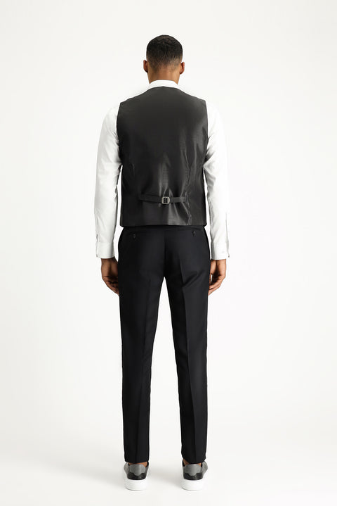Siyah 7 Drop Slim Fit Dar Kesim Şal Yaka Yelekli Smokin & Damatlık