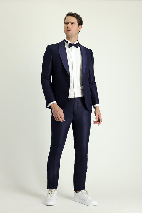 Koyu Lacivert 7 Drop Slim Fit Dar Kesim Şal Yaka Smokin & Damatlık