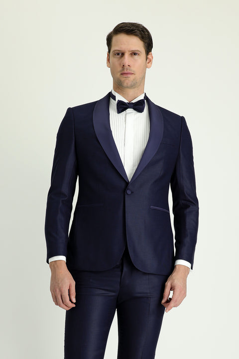 Koyu Lacivert 7 Drop Slim Fit Dar Kesim Şal Yaka Smokin & Damatlık