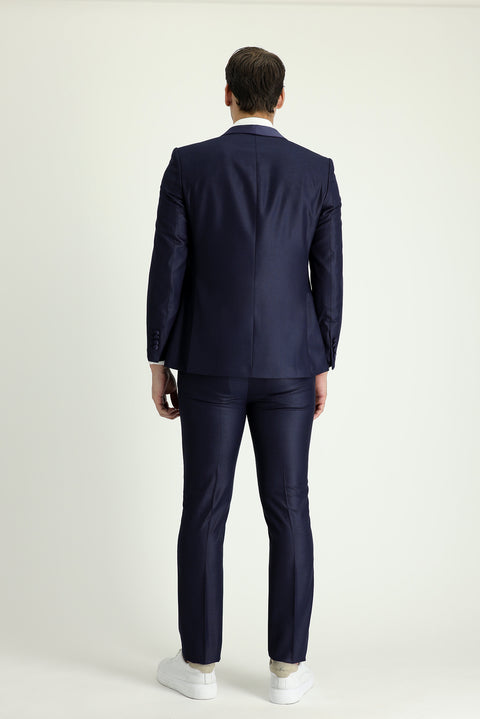 Koyu Lacivert 7 Drop Slim Fit Dar Kesim Şal Yaka Smokin & Damatlık