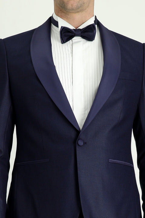 Koyu Lacivert 7 Drop Slim Fit Dar Kesim Şal Yaka Smokin & Damatlık