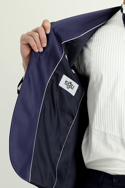 Koyu Lacivert 7 Drop Slim Fit Dar Kesim Şal Yaka Smokin & Damatlık